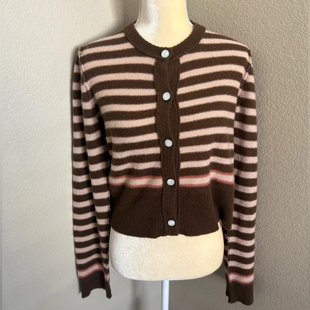 Free people 100 % cashmere Brown & Pink Striped Button Cardigan size L - Picture 4 of 8
